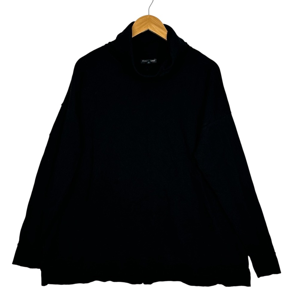 Eileen Fisher Black 100% Merino Wool Cowl Neck Sweater Womens 1X Oversized